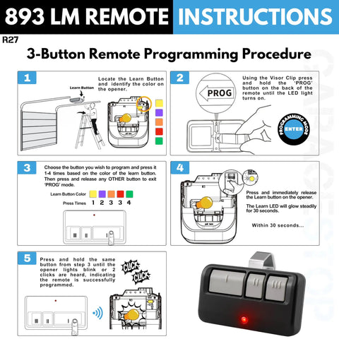 Instructions for 893 LM remote programming procedure with Two Pack Replacement Garage Door Opener Remote For Most 1993 Present Openers With 893LM 893Max 891LM 371LM 373LM 971LM 973LM Extra Long Range Easy Pairing