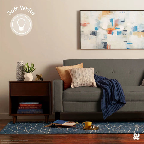 Living room with soft white lighting featuring A15 Ceiling Fan Light Bulbs Soft White 40 Watt Candelabra Base Dimmable 2 Pack