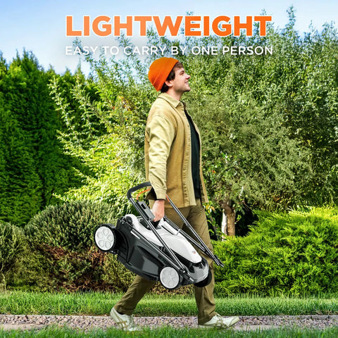 Cordless Brushless Electric Lawn Mower With 16.5 Inch Cutting Width, 6-Position Height Adjustments, Dual 4.0Ah Batteries, Mows Up To 2,700 Sq Ft On One Charge, Lightweight Yard Workhorse For Small To Medium Lawns being carried by one person