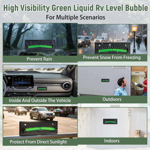 High Visibility Green Liquid RV Level Bubble for various weather conditions, securely mounted for accurate readings.