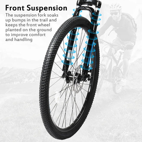 Close-up of 27.5 Inch Mountain Bike With Suspension Fork, Dual Disc Brakes, 21 Speed Shifting, For Men And Women, Blue color