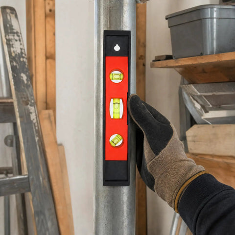 Spirit Level, 3, 30CM held against a metal pole, showing bright bubble vials for accurate leveling in DIY projects.