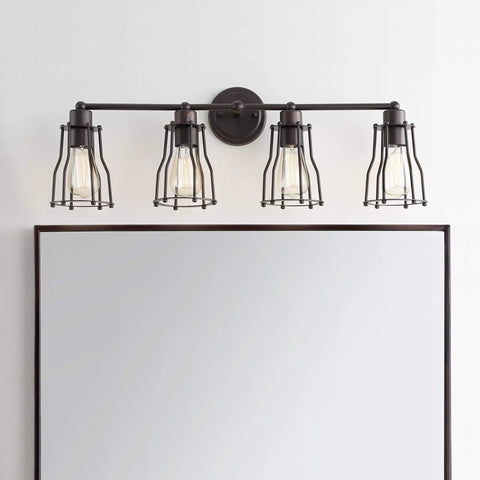 Sleek Oil Rubbed Bronze Modern Industrial Vanity Light With Four Lights And Metal Cage Shade Reversible Wall Sconce Over Mirror