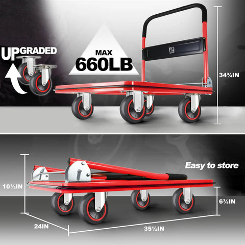 Heavy Duty Foldable Push Cart Dolly With Comfort Grip 660 Pound Capacity Moving Platform Flat Cart with upgraded casters, dimensions shown.