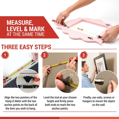 All In One Picture Hanging Tool For Quick Easy Leveling And Marking On The Wall To Hang Pictures Mirrors TVs And Shelves With Precision And No Fuss Setup in use with step-by-step instructions