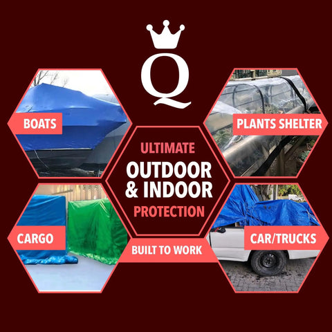 Ultimate outdoor and indoor protection with Heavy Duty Waterproof Tarp 25x33, 120 GSM 12 Mil, shown covering various items.