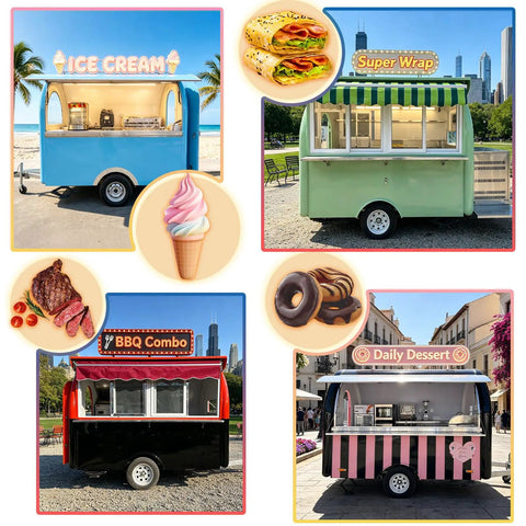 Boot Up Your Culinary Hustle With This Dope Mobile Catering Trailer Featuring Smooth AC Cooling And A Crisp White Mailbox Layout Perfect For Cafe Setups Or Street Food Ventures Straight From The Factory Floor With No Rip Off Pricing Ice cream, BBQ Combo, Super Wrap, and Daily Dessert trailers at outdoor locations.