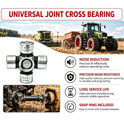 Real Deal Mini Universal Joint Cross Bearing Swap St1538 For Atv Utv Steering Shafts shown on tractor backdrop with specifications.