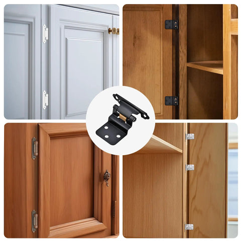 Tough Ten Pack Matte Black Self Closing Cabinet Hinges For Kitchen Cabinets installed on kitchen and cabinet doors from different angles.