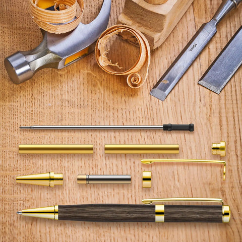 Components of Ten Slimline Pen Kit Sets For Wood Turning With Dope Gold Finish Refill Ready Lathe Tools on wooden table.