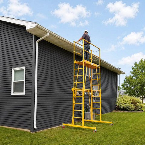 Heavy Duty Adjustable Work Platform Featuring Locked Safety Rails in use for outdoor home repairs, 11-foot height, steel build.