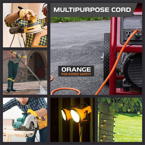 Heavy Duty 50ft Lighted Outdoor Extension Cord With 3 Outlets, 15 Amp 10/3 SJTW, Orange, Weather Resistant shown in use