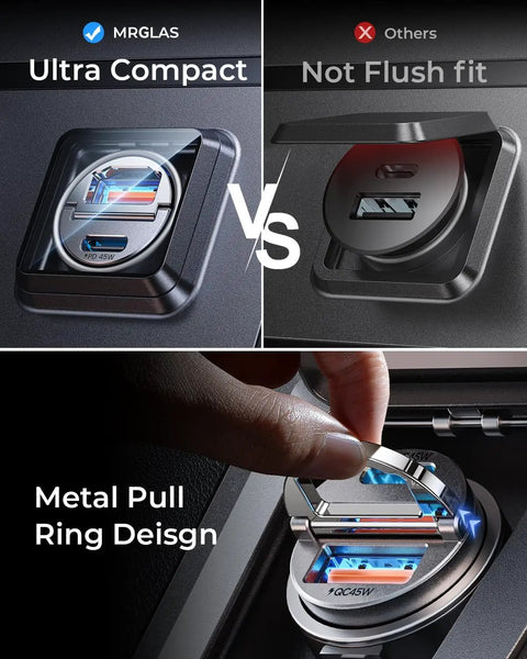 Dual Port 90W Car Charger 2 Pack Usb C And Usb A Cigarette Lighter Adapter comparison image, showing compact vs flush fit design.