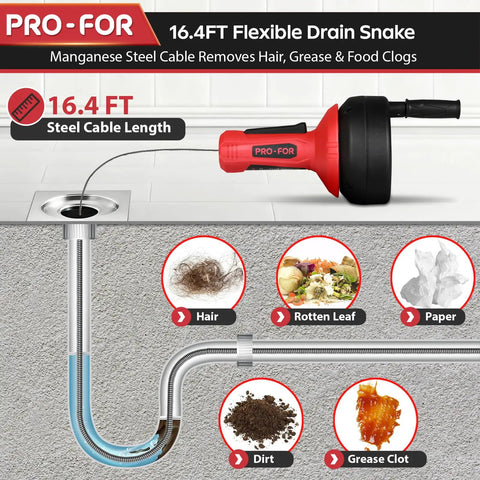 Workhorse Manual Or Drill Powered Drain Snake With Sixteen Point Four Foot Manganese Steel Cable for hair and food clogs in pipes.