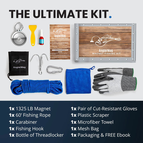 AnglerMag magnet fishing kit, 1325 lb magnet with rope, carabiner, grappling hook, gloves, towel, bags, crate