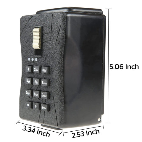WiFi Enabled Smart Lock Box For Homes And Rentals With Remote Access And Key Sharing Real Estate Vacation Rentals And Commercial Use Mobile Or Keypad Access Durable Metal Casing Includes Blockchain Secure Photo Key Feature with numeric keypad, black metal, and dimensions labeled 5.06x3.34x2.53 inches