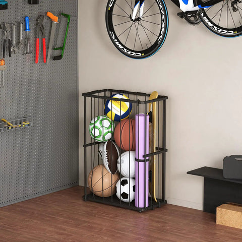 Heavy Duty Garage Ball Storage Rack With No Fuss Elastic Strap Wall Mount Or Floor Stand Option For Basketball Soccer Football Volleyball Gear In Matte Black filled with various sports balls.