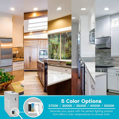 Kitchen interiors showcasing 6 Inch Ultra Thin LED Recessed Light with J-Box 12W Color Temperature Selectable 2700K to 5000K.