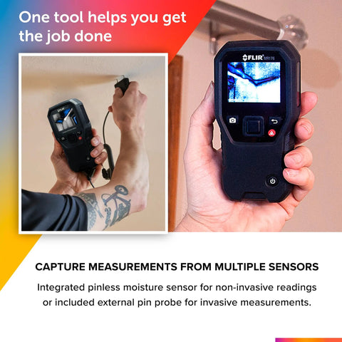 MR160 Imaging Moisture Meter With IGM Tech in action, handheld close-up, showing thermal imaging screen and pinless detection