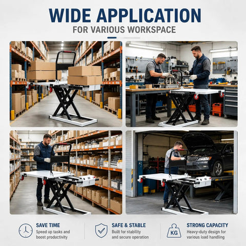 No Sweat Workhorse Electric Lift Table Cart With Automatic Hydraulic Pump And Tough 48 Volt Motor For Moving Up To 660 Pounds Smoothly Across Active Warehouse Floors Daily in a warehouse setting with boxes.