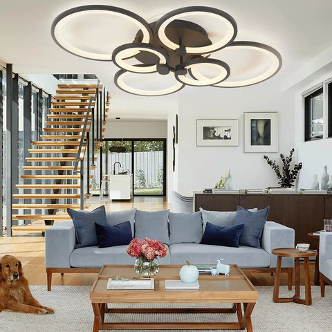 33.3 Inch Dimmable LED Ceiling Light With Six Ring Flush Mount And Acrylic Lampshade In Black in a modern living room setting