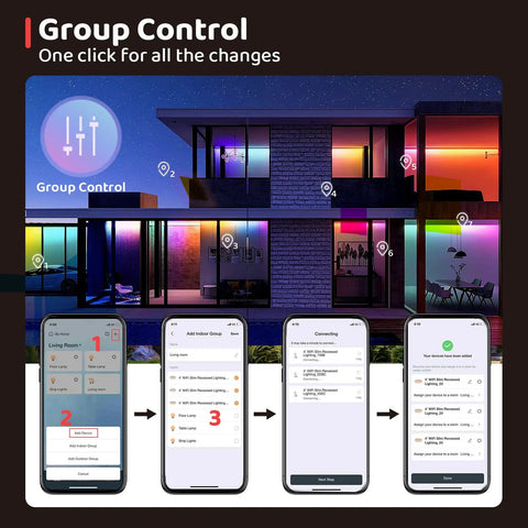 Four Pack Smart 4 Inch Recessed RGBTW LED Downlights With WiFi App Control interface showing group control on smartphones