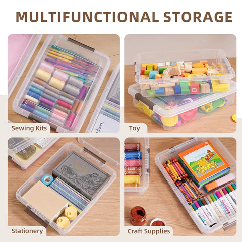 Knock Your Clutter Down To Zero With These Dependable Stackable Plastic Storage Bins With Secure Snap Lids Great For Paper Folders And School Projects Solid Durability Guaranteed, featuring sewing kits, toys, stationery, and craft supplies.