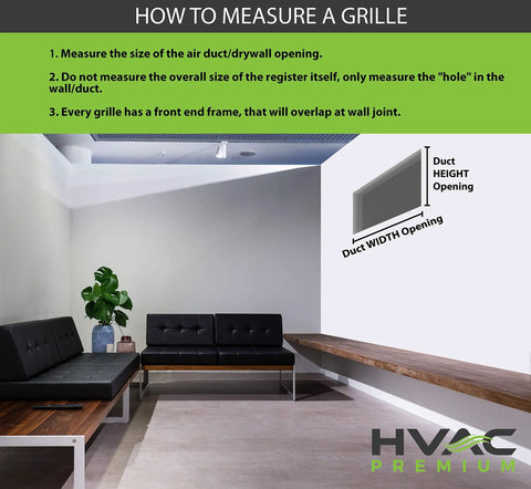 Diagram showing how to measure duct openings with text instructions and seating area, related to Aluminum Return Grille for Duct Opening 26 by 8 Inches.