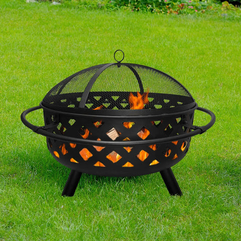 24 Inch Fire Pit With 2 Poker Tools And Cover, Outdoor Wood Burning Firepit on lawn, black metal, ideal for patio and garden bonfire.