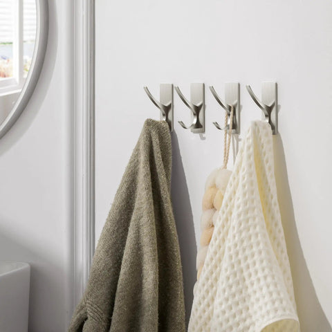 Heavy Duty Self Adhesive Towel Hooks Rock Solid No Drilling Brushed Nickel Mounts For Bathroom Shower Wall holding towels