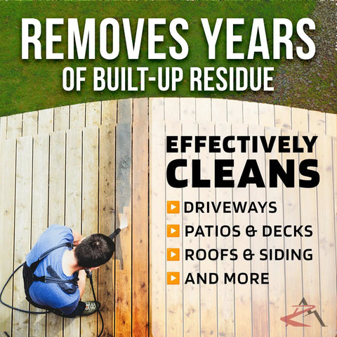 Person using AR 2600 PSI Pressure Washer Pump Replacement With 2.2 GPM on wood deck, cleaning built-up residue effectively.