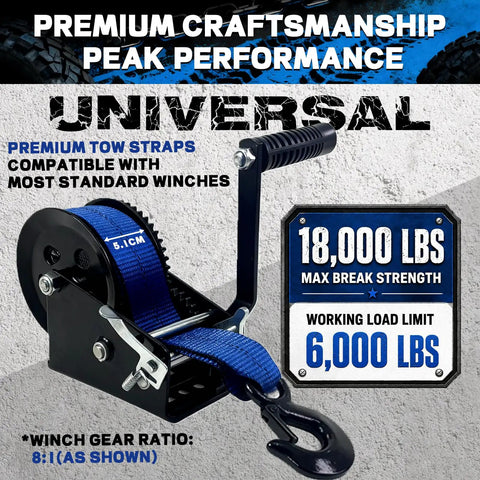 Rock Solid Boat Winch Strap With Zinc Plated Safety Hook 2 Inch By 20 Foot 18000 Lb Breaking Strength with blue webbing and steel hook.