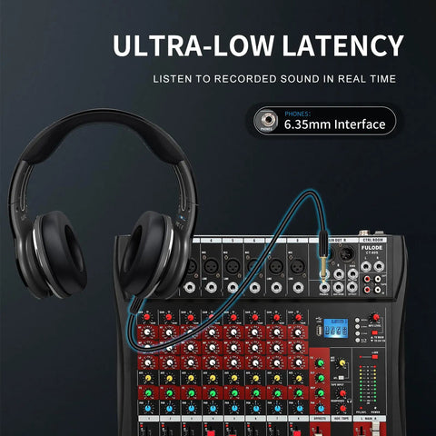 8 Channel DJ Audio Mixer With Bluetooth 5.0, USB Recording, MP3/USB Playback, Built-In Reverb, 48V Phantom Power, LED Display shown with headphones
