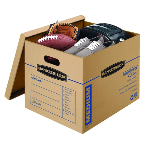 Solid Gear Medium Moving Boxes 20 Pack With Tapeless Assembly And Reinforced Carry Handles with sports gear inside.