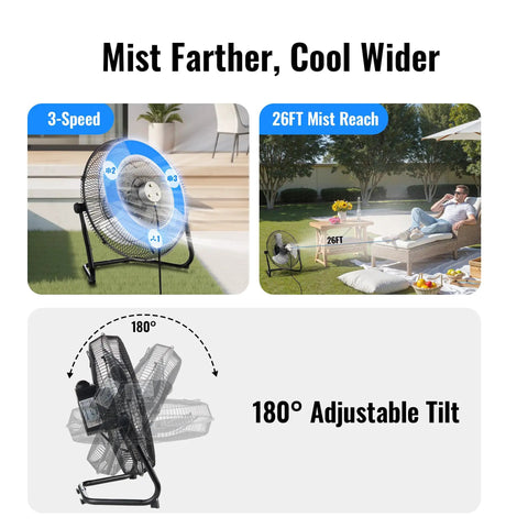 14 Inch Magnetic Misting Outdoor Fan With Wall Mount Kit Snap On Mist System displaying 3-speed and 180° tilt features