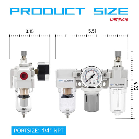 Product dimensions of One Quarter Inch NPT Air Filter Regulator Lubricator FRL Combo with Water Oil Trap Separator and 0 to 150 Psi Pressure Gauge
