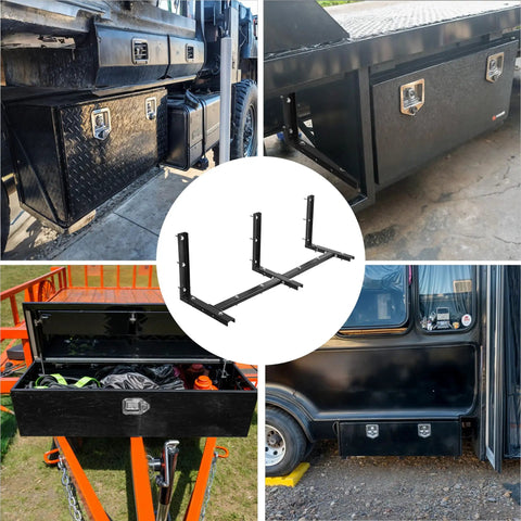 Badass Underbody Truck Box Brackets 15x15 Mount Kit, 3 heavy duty folded steel mounts showcased with underbody storage boxes.