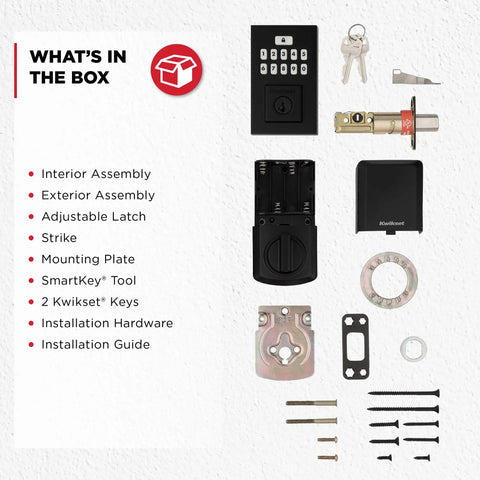 What's in the box for Built Heavy Duty Keyless Entry Electronic Keypad Deadbolt With Auto Lock Mode And Custom User Codes In Matte Black Contemporary Finish.