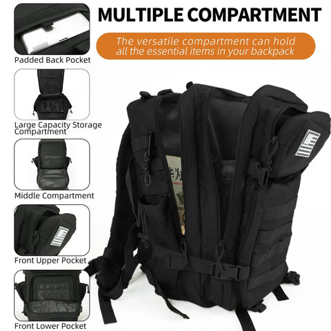Military Tactical Backpack 45L Bug Out Bag For Travel Hiking And Camping Tough Go To Pack With Roomy Main Compartment Black