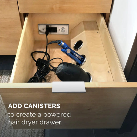 Discreet Drawer Mounted Power Station Featuring Brushed Stainless Steel GlidePanel with hair dryer and styling tools in a drawer.