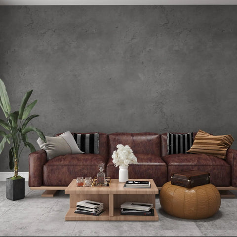 Living room with 16x118 Inch Dark Grey Concrete Wallpaper Peel And Stick 3D Matte Textured Thick Cement Vinyl Wrap Self Adhesive Removable on wall