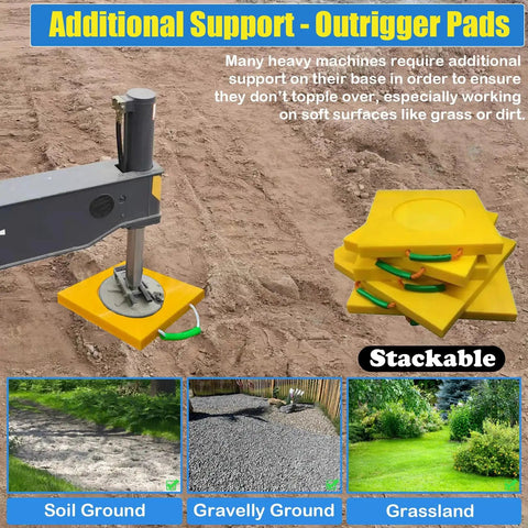 Rock Solid Outrigger Pads For Cranes And Boom Lifts Heavy Duty Camper Leveling Blocks Anti Slip Stabilizer Mats stacked on uneven soil.