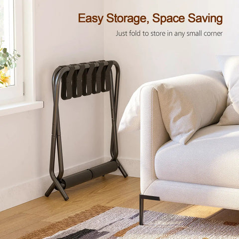 Heavy Duty Foldable Luggage Rack Set Of Two Built Tough Metal Suitcase Stands For Travelers Non Slip Nylon Straps in compact storage.