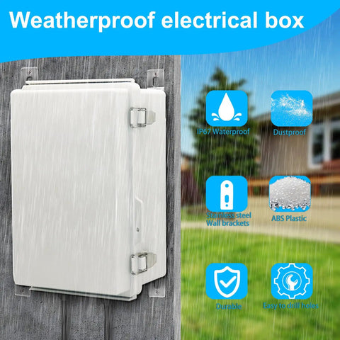 Badass IP67 Waterproof Electrical Junction Box With Secure Hinged Lid and Heavy Duty Stainless Steel Wall Brackets 8X8X5 Inches mounted on a wall.