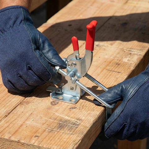 Person using 10 Pack Heavy Duty Toggle Latch Clamp 431 Type, 2000 Lbs Holding Capacity on wooden workbench in industrial setting