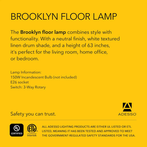 Brooklyn floor lamp description with features, including 63-inch height and white linen drum shade for living room or home office.