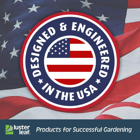 Badge stating 'Designed & Engineered in the USA' over an American flag background, Luster Leaf logo below.