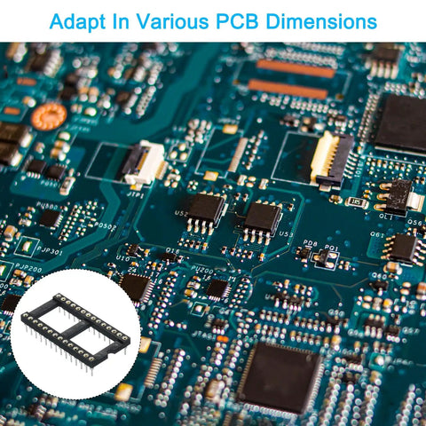 2.54mm Pitch DIP IC Socket Connector, 28 Pins, Dual Row inset on a circuit board, showcasing easy soldering for DIY electronics projects