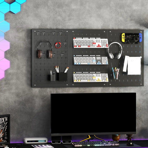 4 Ft Metal Pegboard Tool Organizer With Heavy Duty Hooks And Bins For Garage And Workbench, mounted with tools and stationery.
