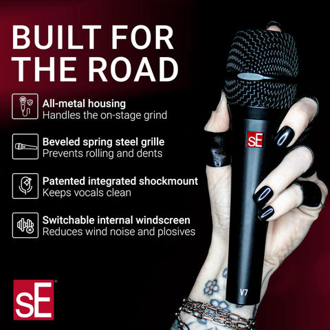 Person holding V7 Dynamic Microphone for Singing, Speech and Studio Recording with features listed, black.